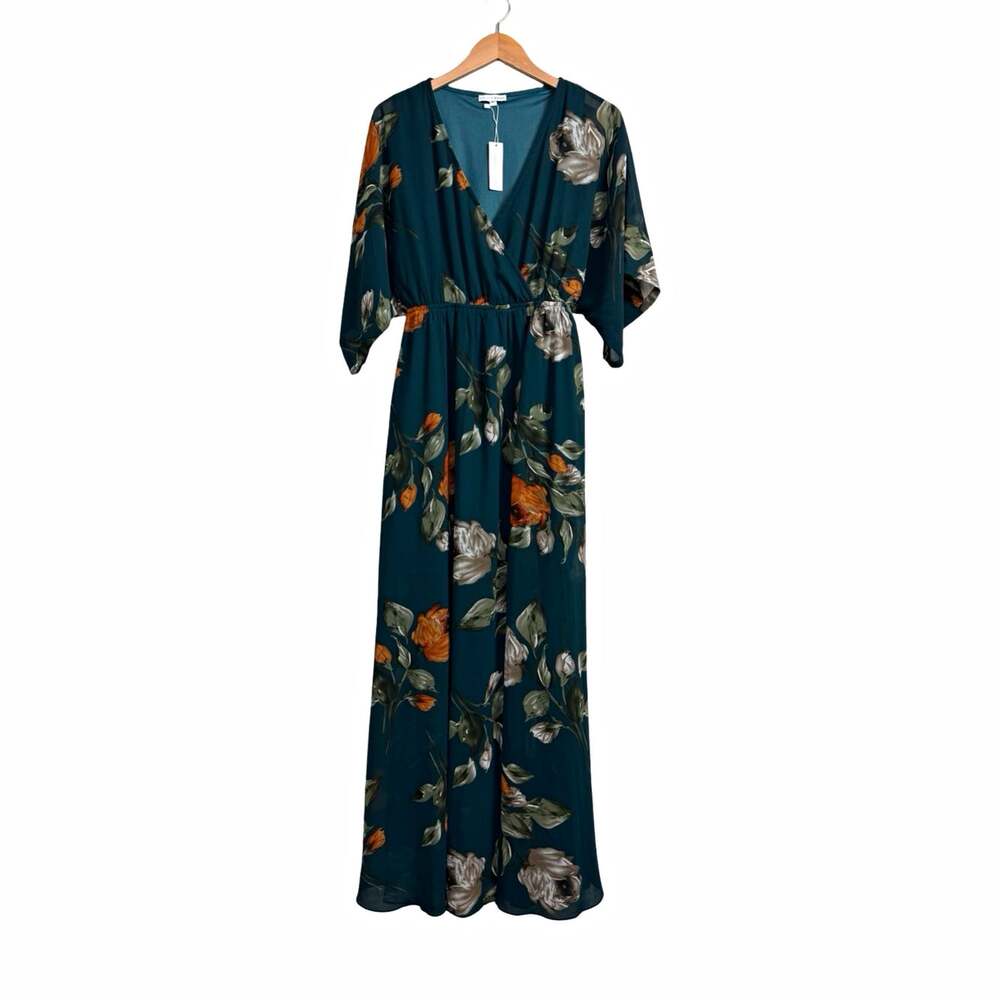 Baltic Born Teal Floral Chiffon Wrap Maxi Dress V-Neck Kimono Sleeve XL